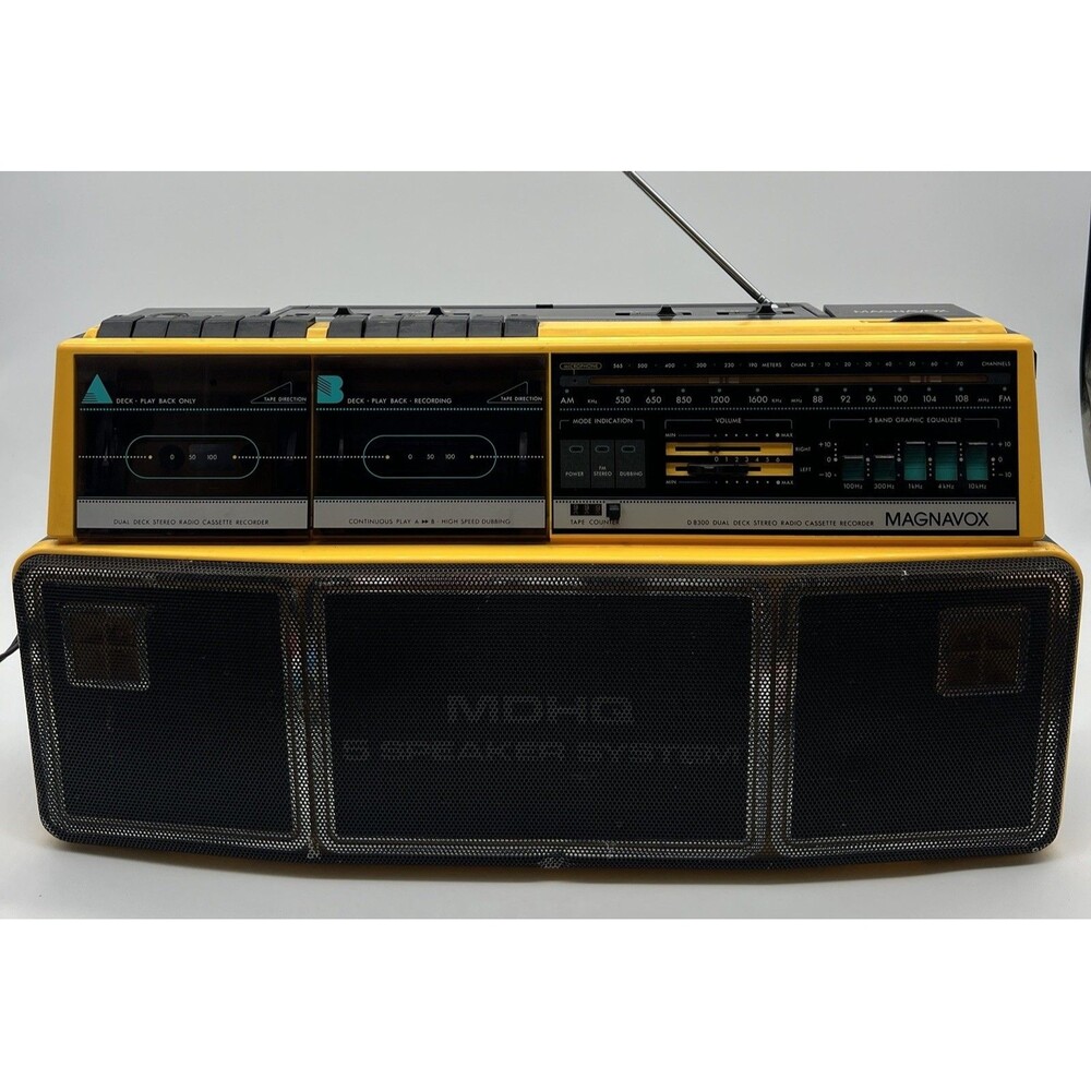 Vintage Magnavox D8300 Boombox Radio Dual Cassette Recorder Black & Yellow READ